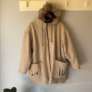 Vintage Lindor Wool Parka w/ Real Fur Cream Tan Women’s L/XL
